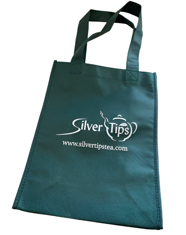 Hunter Green cloth woven tote bag with Silver Tips Tea logo