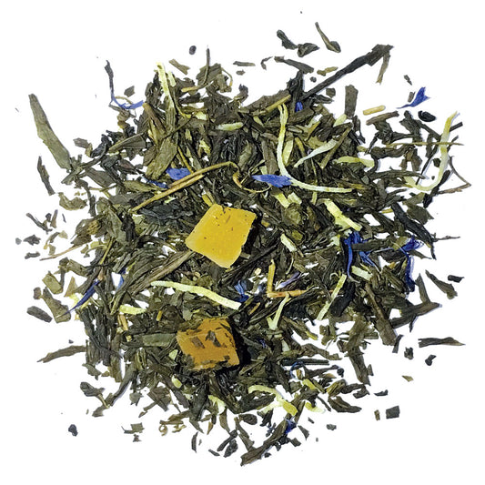 Sencha Tropic - Green Tea with Sencha, coconut, cornflowers, mango bits, with mango/coconut flavor - Silver Tips Tea's Loose Leaf Tea